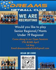 DREAMS NETBALL CLUB SENIOR AND UNDER 19 TRIALS FOR REGIONAL AND SENIOR HAMPSHIRE